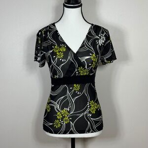 ByChoice Women Wrap Front Mesh Top M Black Lime Green Floral Y2K Tie Back